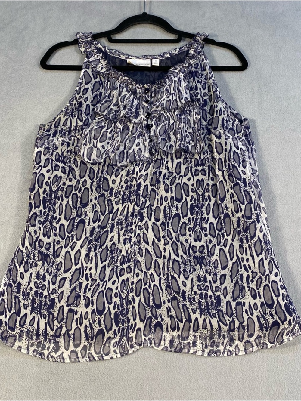 Kenar women’s Navy &White Leopard Print Ruffle Neck Sleeveless Camisole, lined M